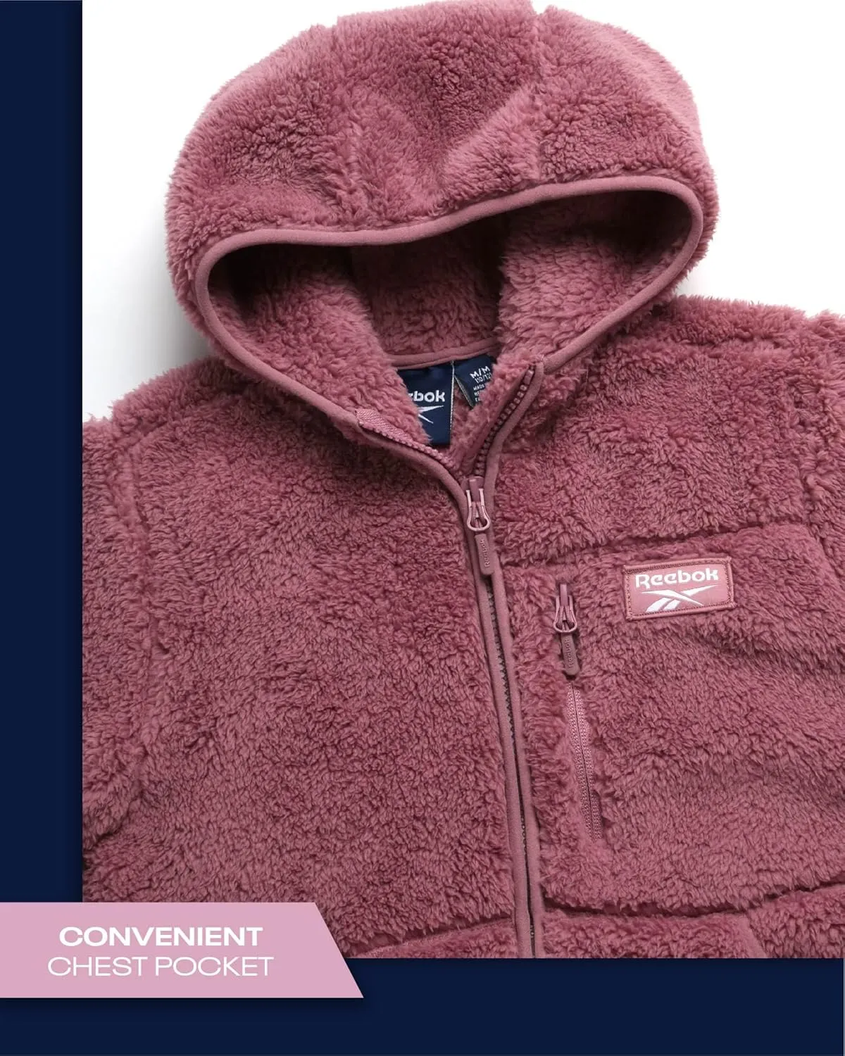 Reebok Women's Fleece Sweatshirt Jacket - Full Zip Sherpa Fur Hooded Jacket - Lightweight Teddy Coat for Women (S-XL)