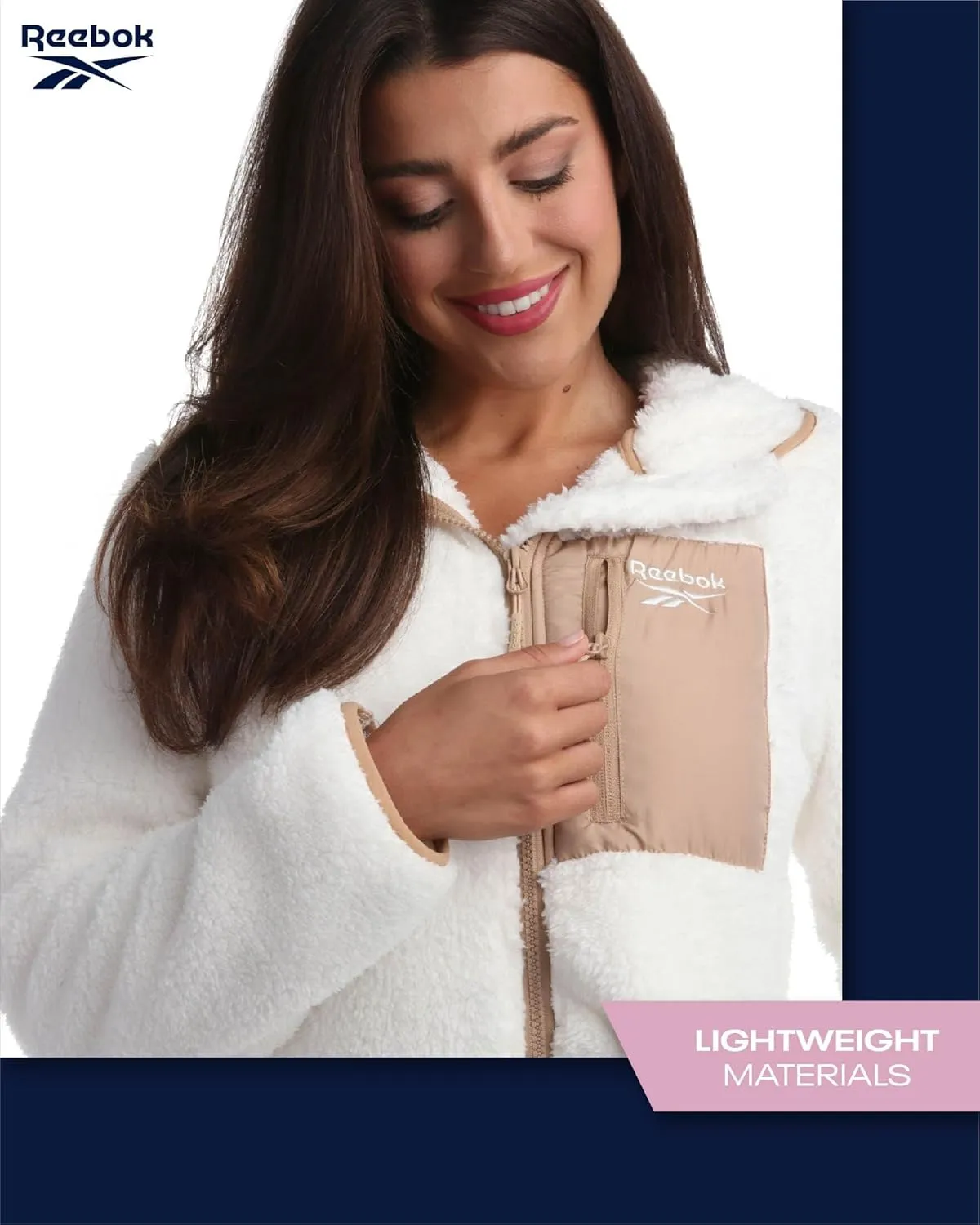 Reebok Women's Fleece Sweatshirt Jacket - Full Zip Sherpa Fur Hooded Jacket - Lightweight Teddy Coat for Women (S-XL)