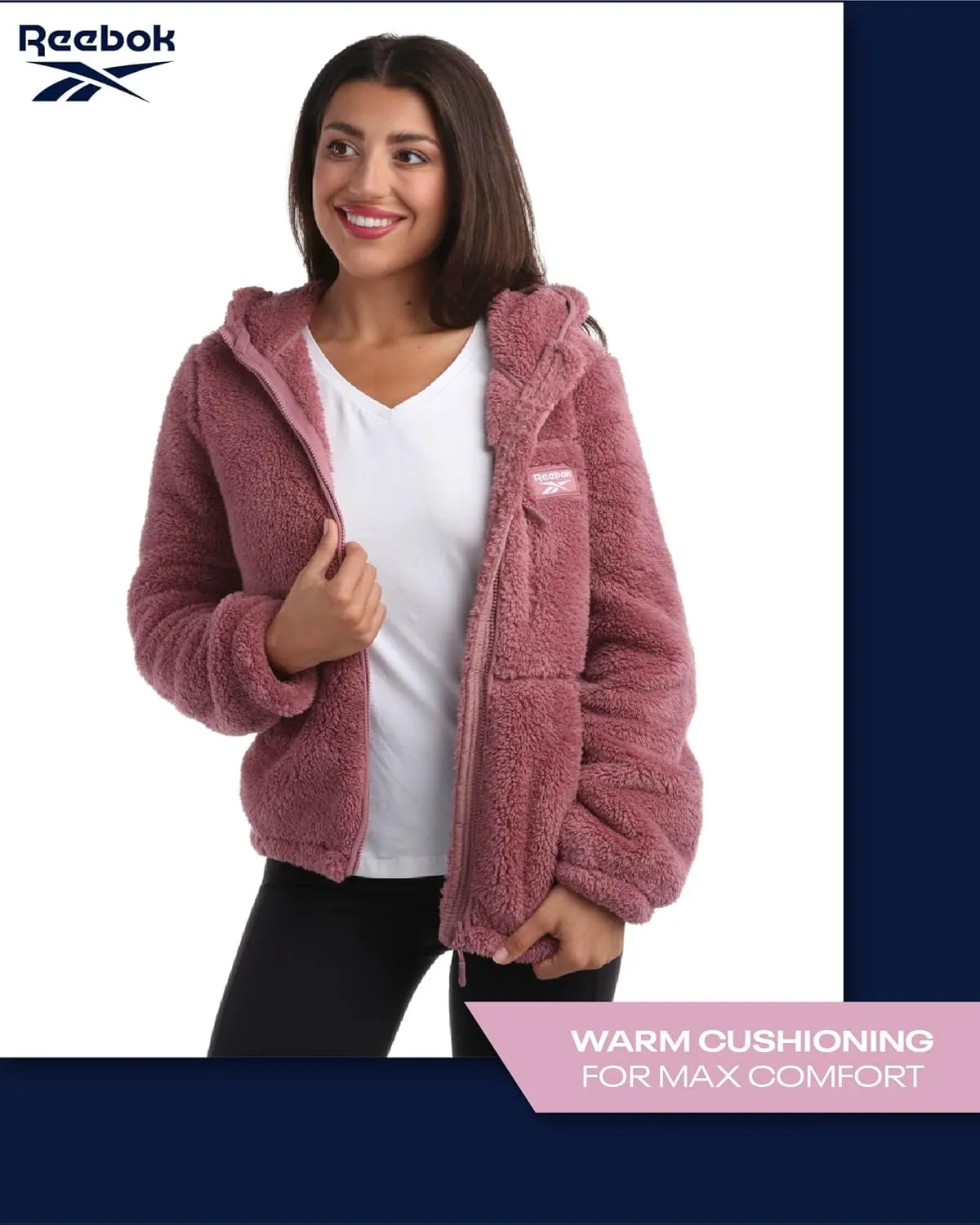 Reebok Women's Fleece Sweatshirt Jacket - Full Zip Sherpa Fur Hooded Jacket - Lightweight Teddy Coat for Women (S-XL)