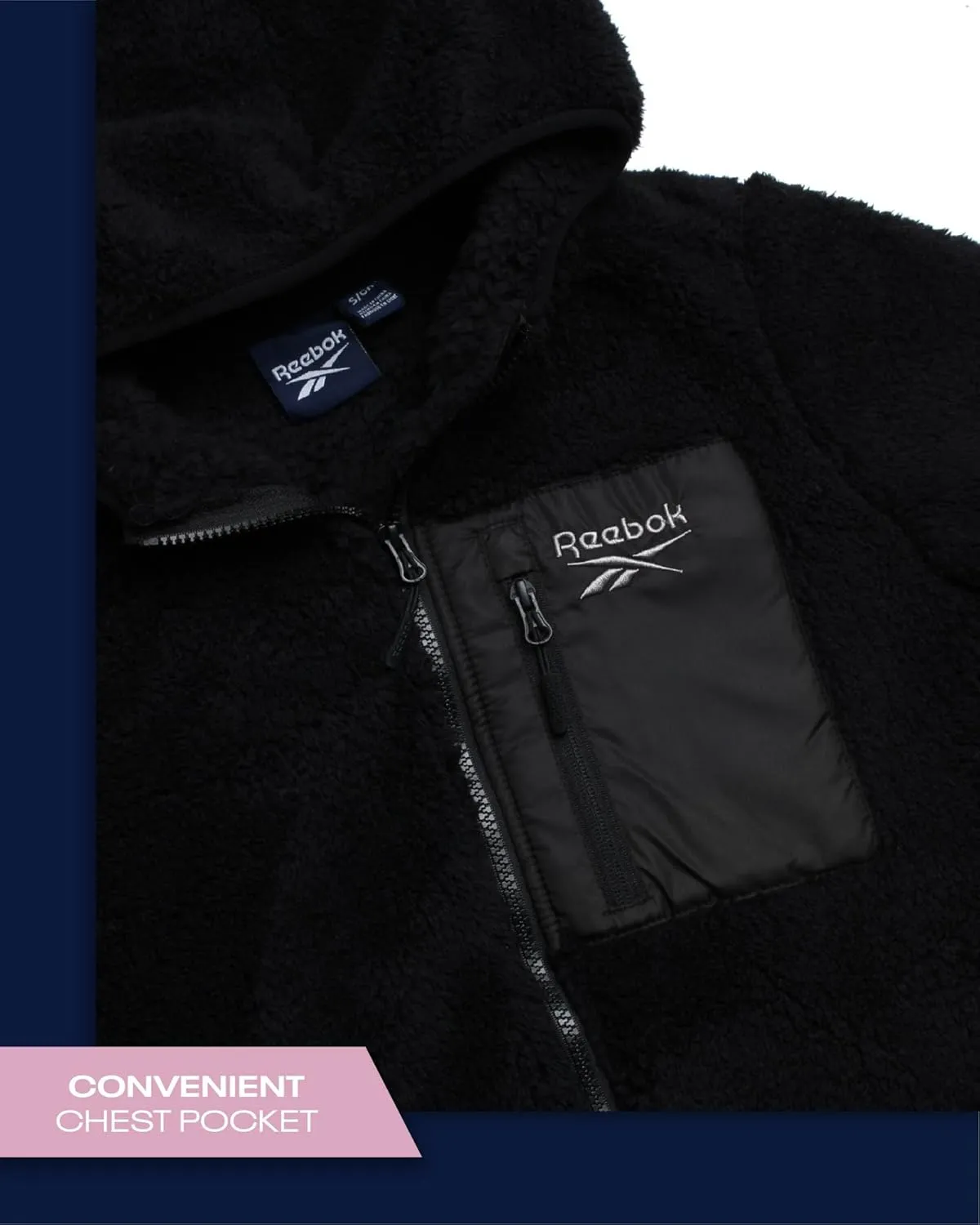 Reebok Women's Fleece Sweatshirt Jacket - Full Zip Sherpa Fur Hooded Jacket - Lightweight Teddy Coat for Women (S-XL)