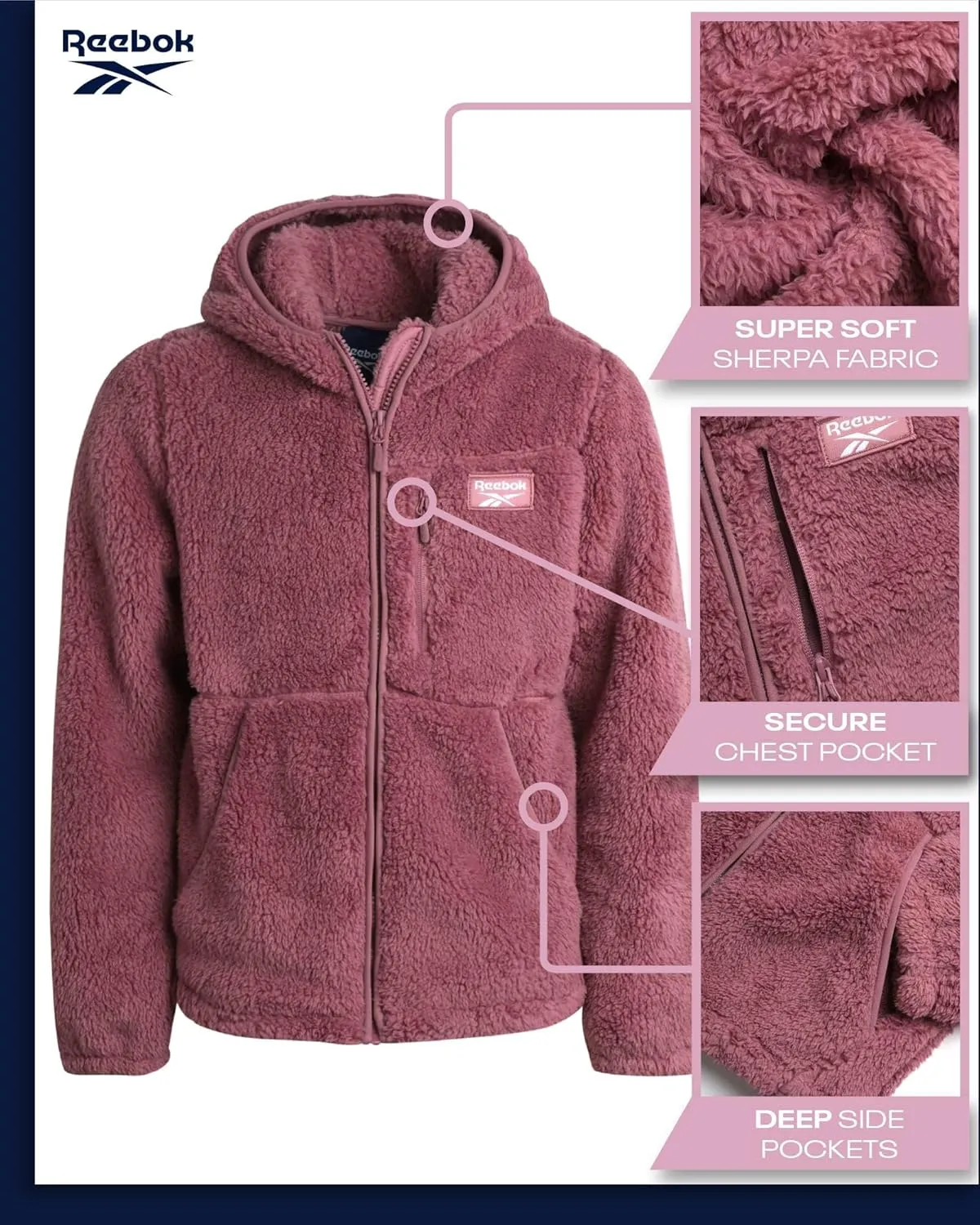 Reebok Women's Fleece Sweatshirt Jacket - Full Zip Sherpa Fur Hooded Jacket - Lightweight Teddy Coat for Women (S-XL)