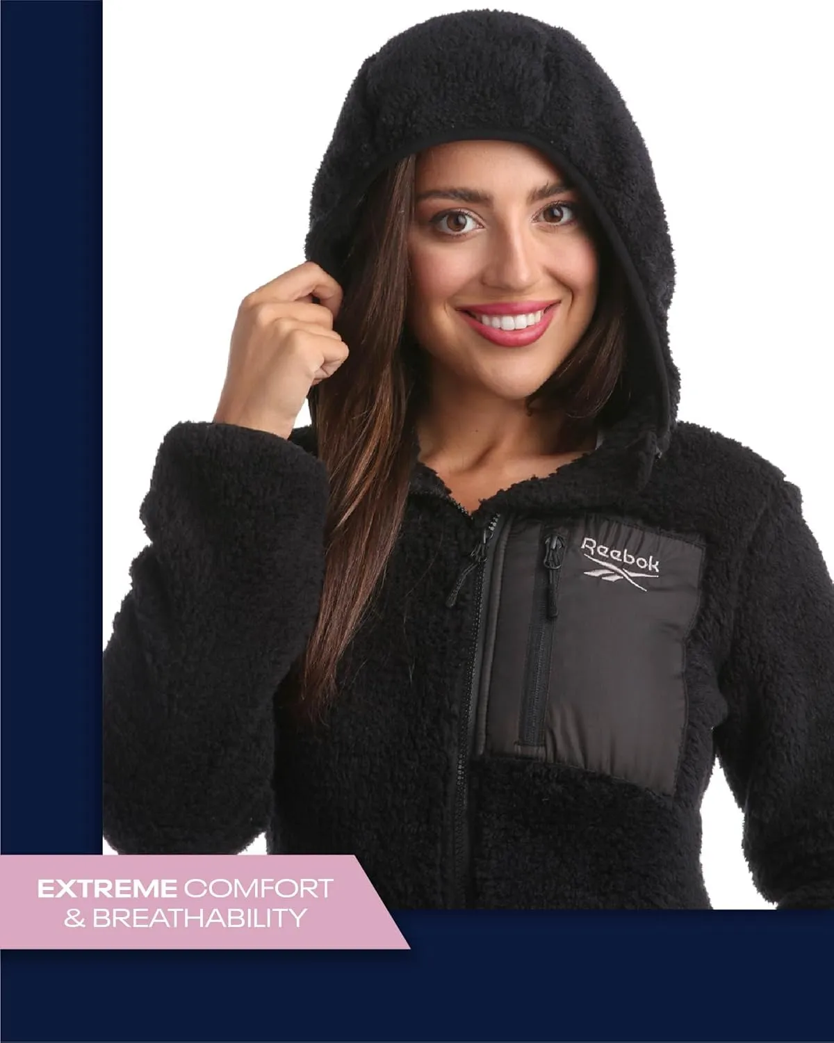 Reebok Women's Fleece Sweatshirt Jacket - Full Zip Sherpa Fur Hooded Jacket - Lightweight Teddy Coat for Women (S-XL)