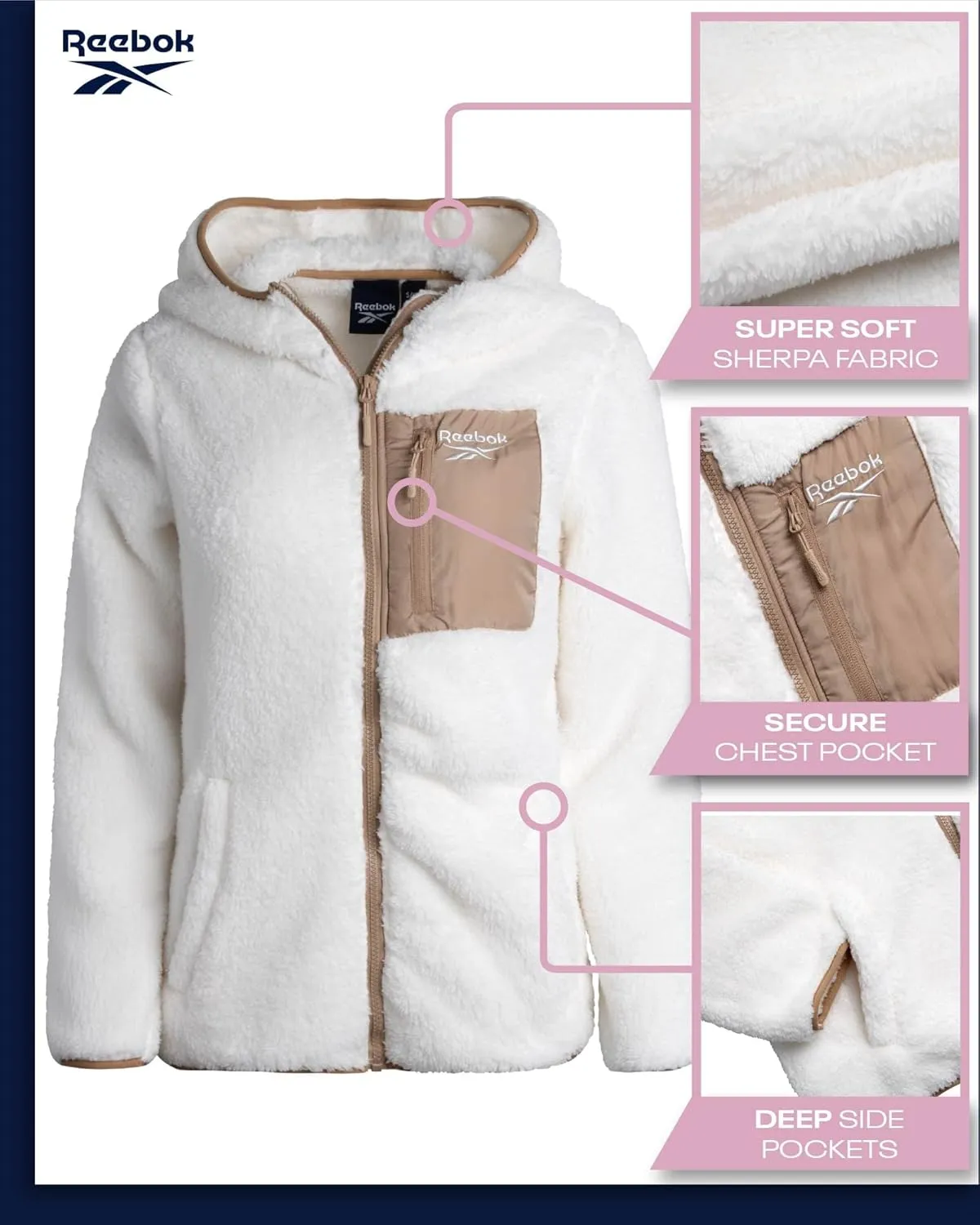 Reebok Women's Fleece Sweatshirt Jacket - Full Zip Sherpa Fur Hooded Jacket - Lightweight Teddy Coat for Women (S-XL)