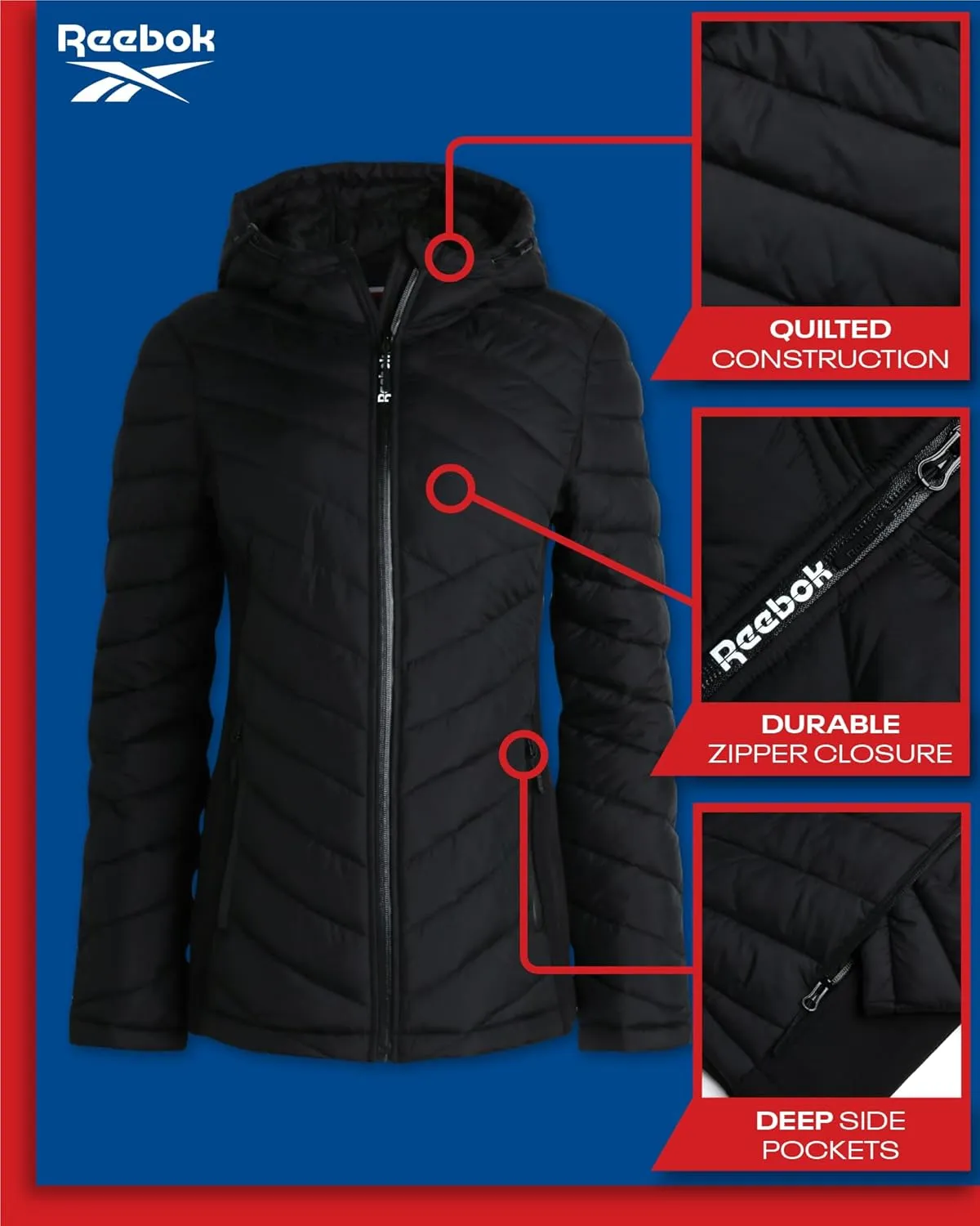 Reebok Women's Jacket - Lightweight Quilted Puffer Parka Coat with Flex Stretch Panels  Casual Jacket for Women (S-XL)