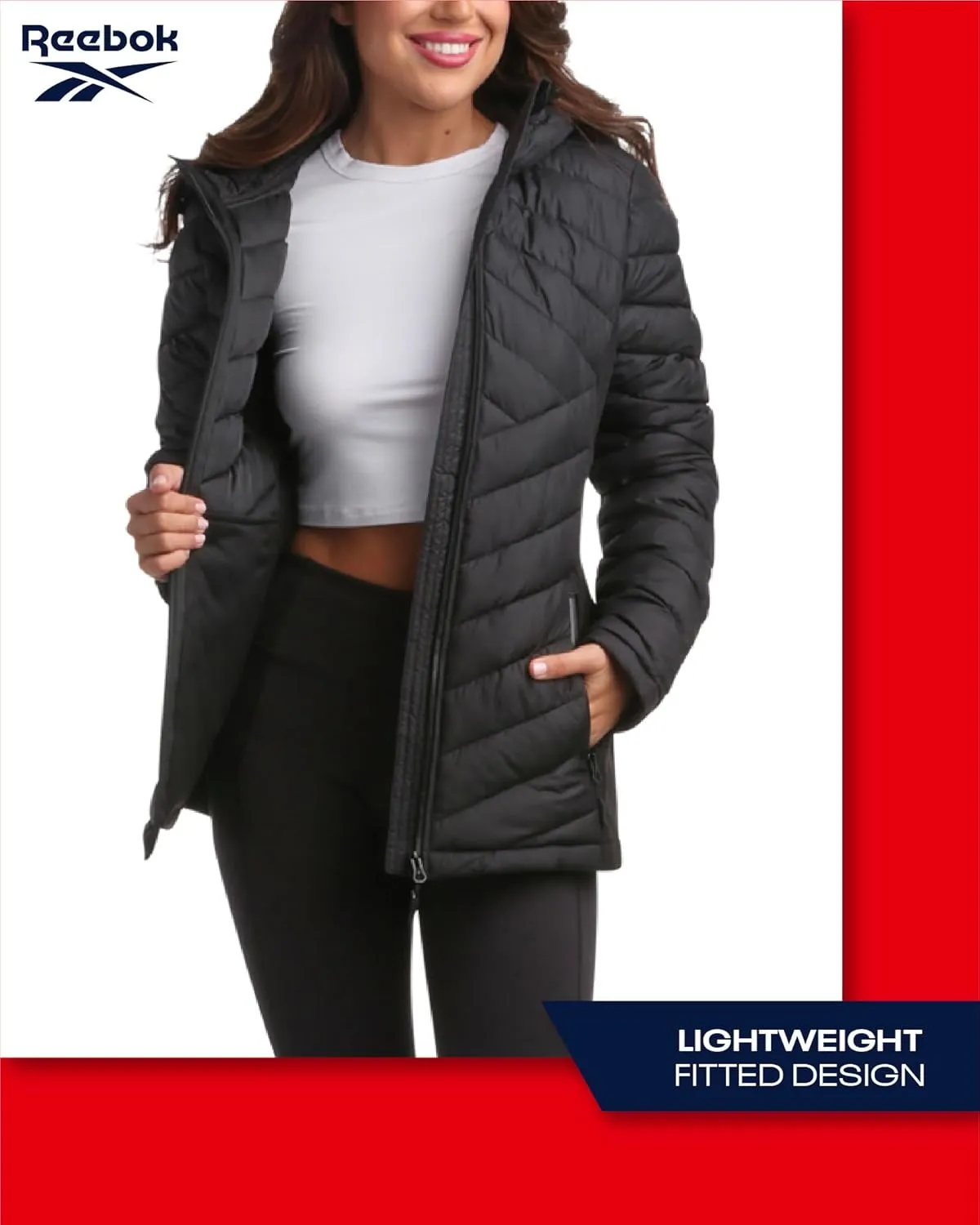 Reebok Women's Jacket - Lightweight Quilted Puffer Parka Coat with Flex Stretch Panels  Casual Jacket for Women (S-XL)