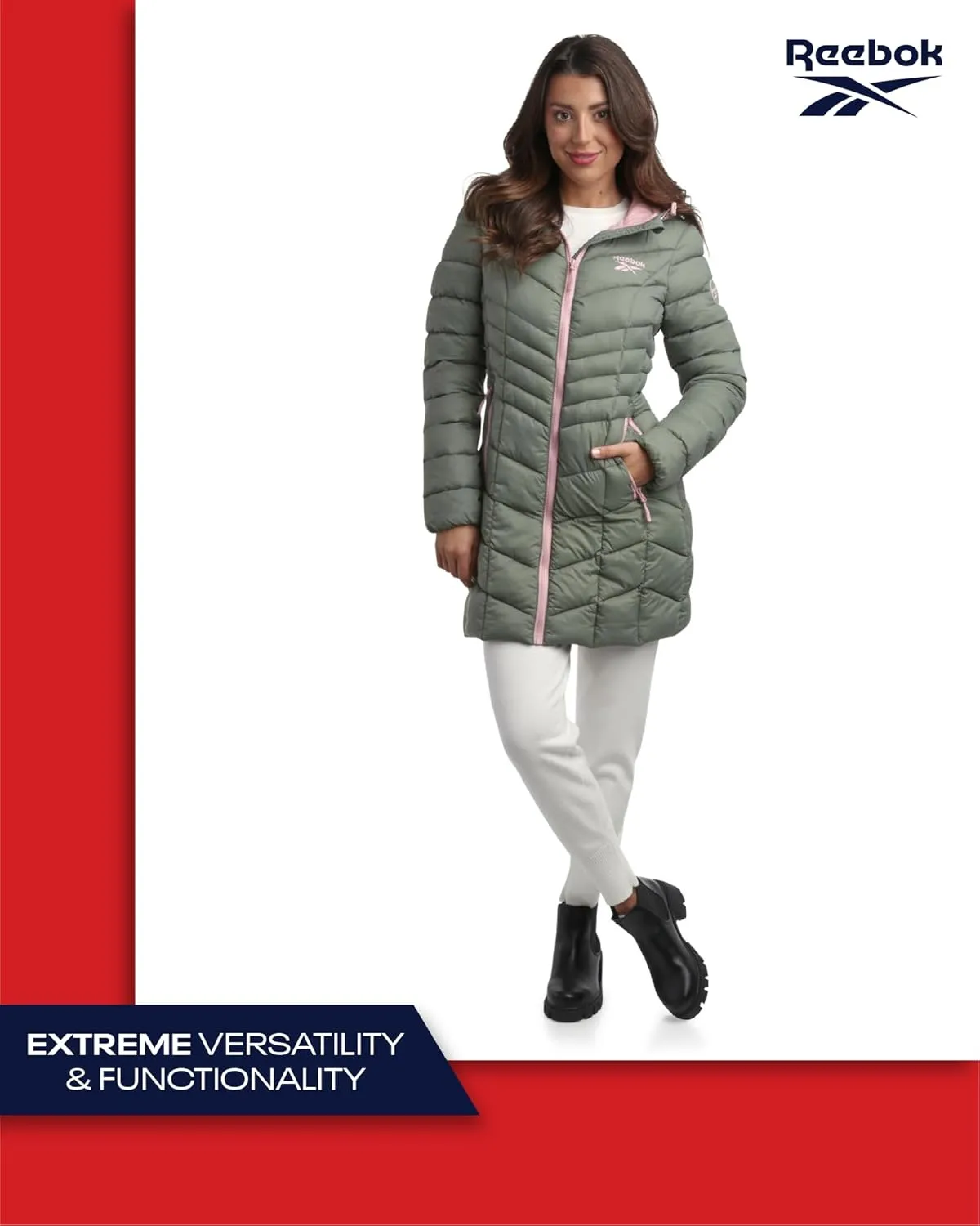 Reebok Women's Winter Jacket - Long Length Quilted Puffer Parka - Heavyweight Outerwear Coat for Women (S-XL)