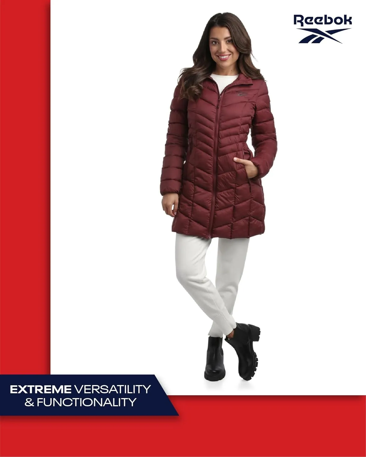 Reebok Women's Winter Jacket - Long Length Quilted Puffer Parka - Heavyweight Outerwear Coat for Women (S-XL)