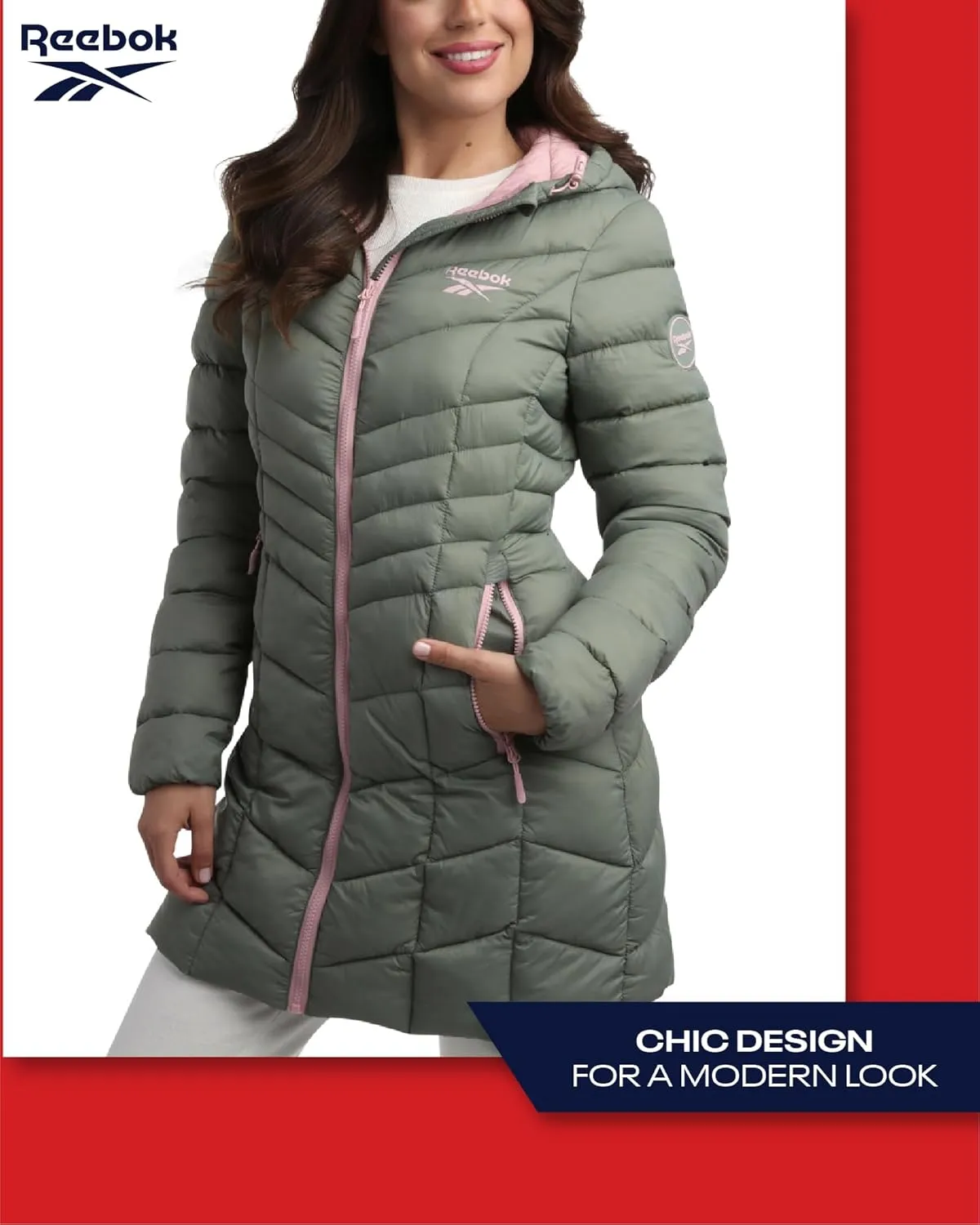Reebok Women's Winter Jacket - Long Length Quilted Puffer Parka - Heavyweight Outerwear Coat for Women (S-XL)