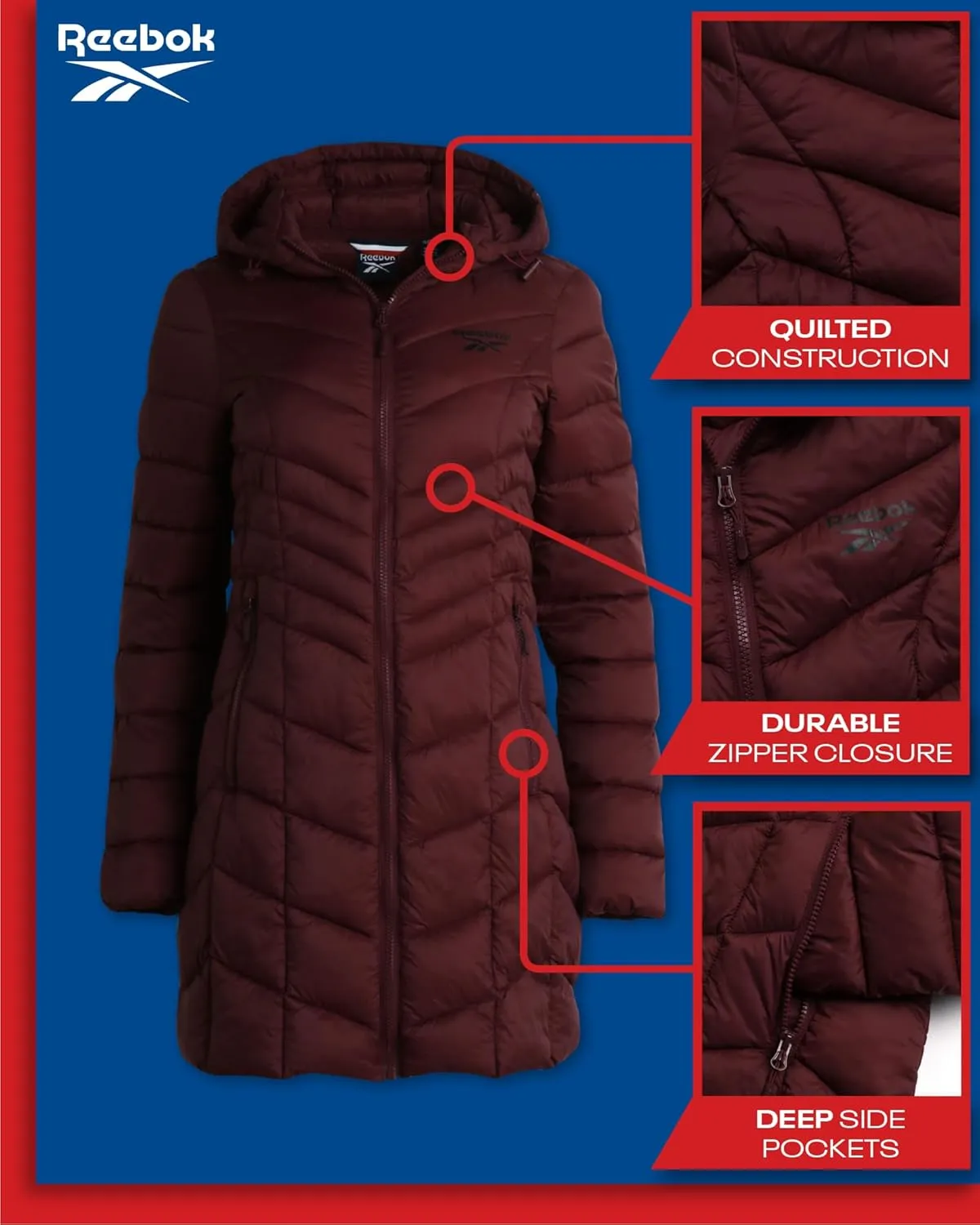 Reebok Women's Winter Jacket - Long Length Quilted Puffer Parka - Heavyweight Outerwear Coat for Women (S-XL)