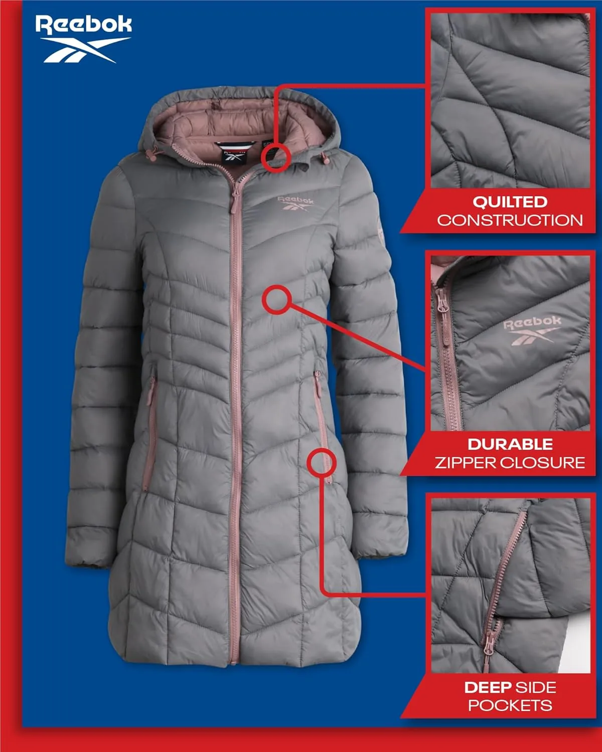 Reebok Women's Winter Jacket - Long Length Quilted Puffer Parka - Heavyweight Outerwear Coat for Women (S-XL)