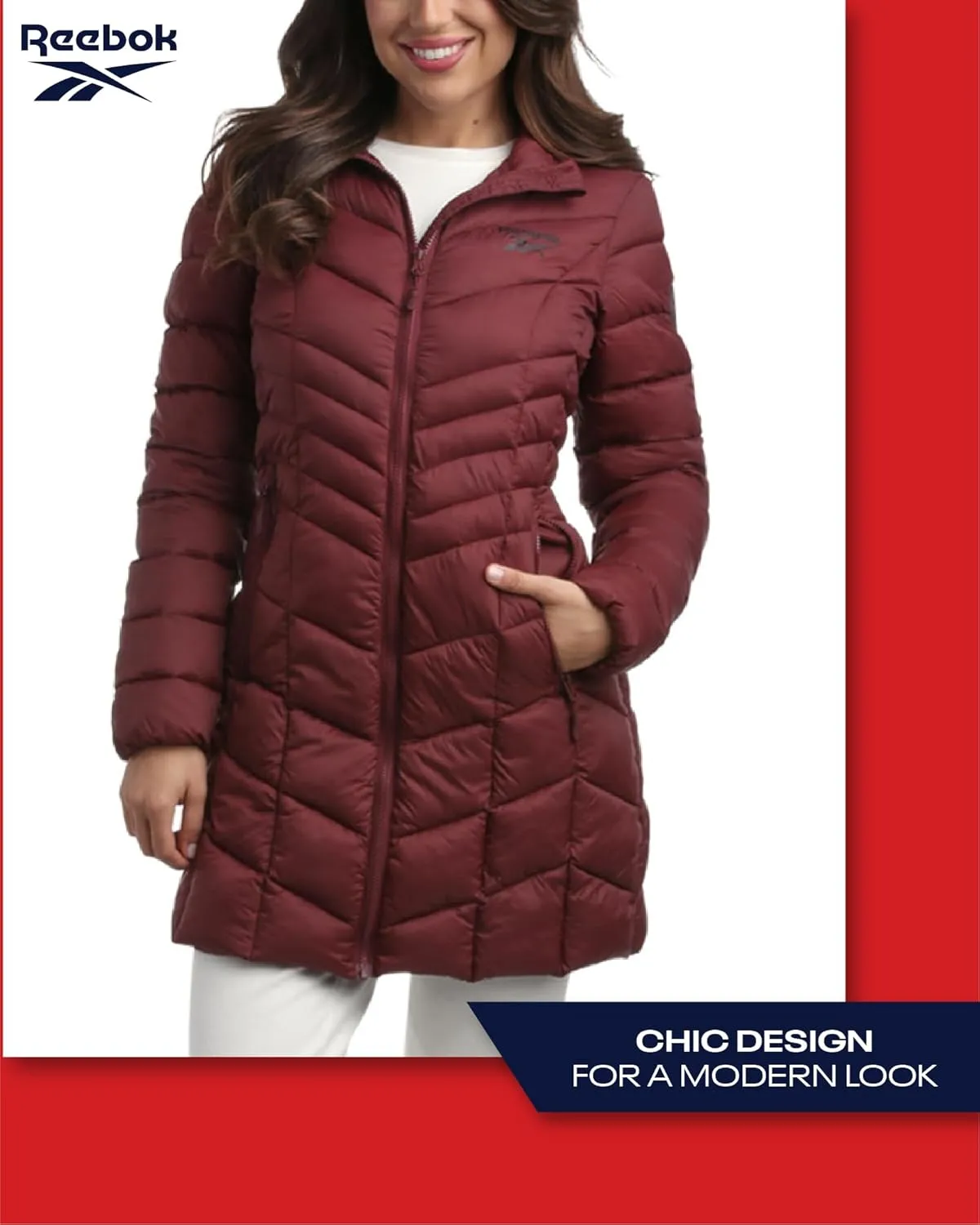Reebok Women's Winter Jacket - Long Length Quilted Puffer Parka - Heavyweight Outerwear Coat for Women (S-XL)