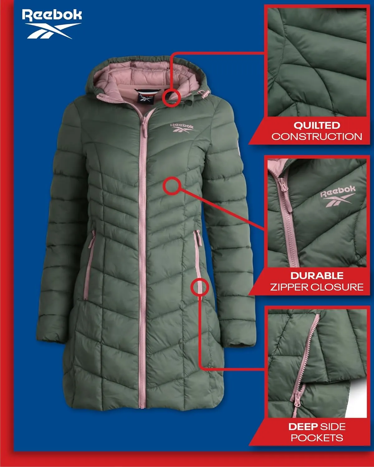 Reebok Women's Winter Jacket - Long Length Quilted Puffer Parka - Heavyweight Outerwear Coat for Women (S-XL)