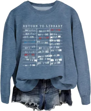 Return to Library Shirt Women Vintage Book Lover Sweatshirt Graphic Crewneck Reader Librarian Teacher Pullover Tops