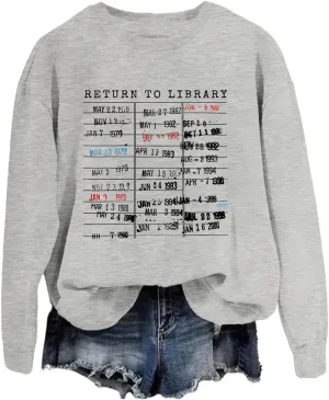 Return to Library Shirt Women Vintage Book Lover Sweatshirt Graphic Crewneck Reader Librarian Teacher Pullover Tops
