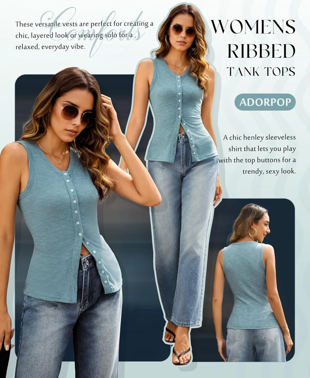 Ribbed Tank Tops for Women - Sleeveless Blouse Crew Neck Button Down Vest Shirts Slim Fit Summer Casual Basic Top