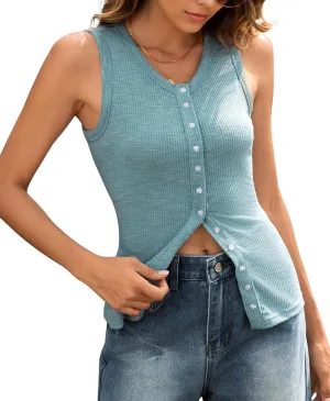 Ribbed Tank Tops for Women - Sleeveless Blouse Crew Neck Button Down Vest Shirts Slim Fit Summer Casual Basic Top