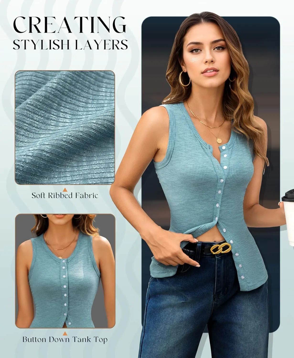 Ribbed Tank Tops for Women - Sleeveless Blouse Crew Neck Button Down Vest Shirts Slim Fit Summer Casual Basic Top