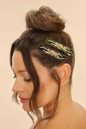 Ribbon & Stripe Narrow Jew Bar Hairclips  Sage/crl