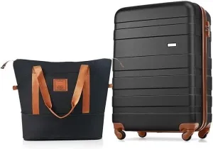 Rolling Garment Bags for Travel 20-Inch Carry-On Luggage with Expandable Travel Bag Set, ABS Hard Shell Two-Piece Suitcase Set, Black and Brown