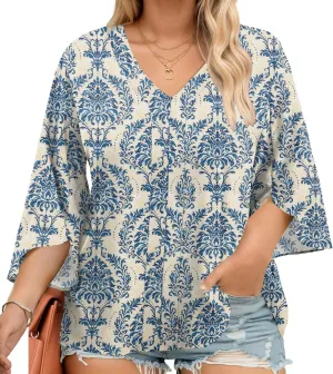 Romanstii Plus Size 3/4 Length Sleeve Womens Tops V-Neck Flowy Blouses Business Casual Summer Shirts 2025