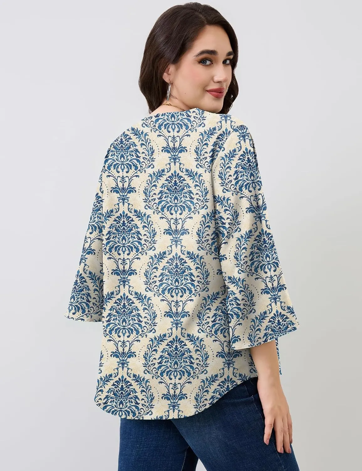 Romanstii Plus Size 3/4 Length Sleeve Womens Tops V-Neck Flowy Blouses Business Casual Summer Shirts 2025