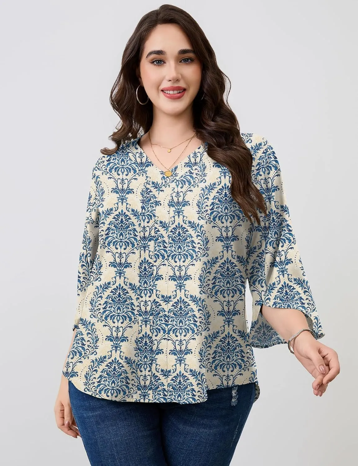 Romanstii Plus Size 3/4 Length Sleeve Womens Tops V-Neck Flowy Blouses Business Casual Summer Shirts 2025