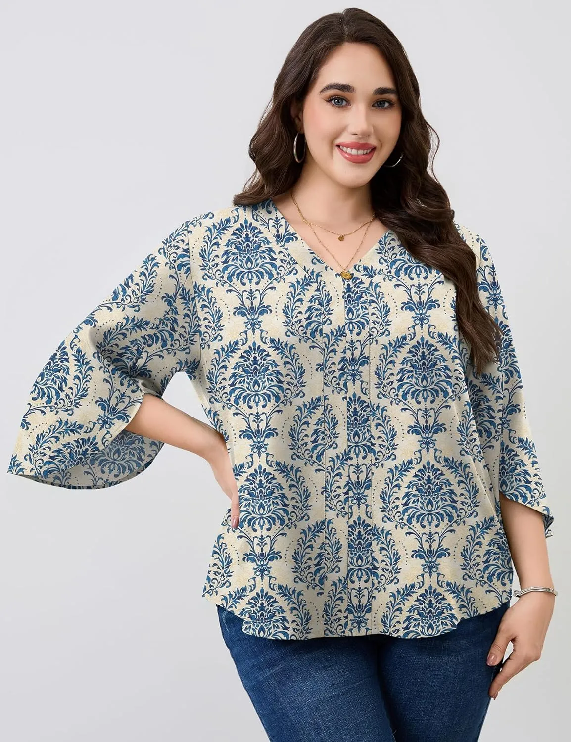 Romanstii Plus Size 3/4 Length Sleeve Womens Tops V-Neck Flowy Blouses Business Casual Summer Shirts 2025