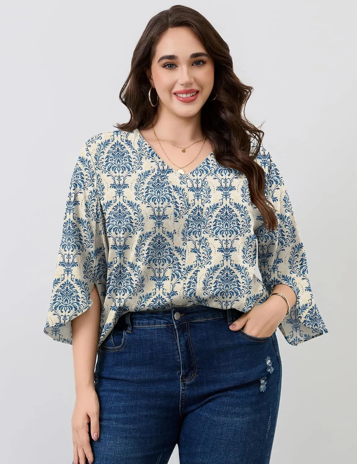 Romanstii Plus Size 3/4 Length Sleeve Womens Tops V-Neck Flowy Blouses Business Casual Summer Shirts 2025