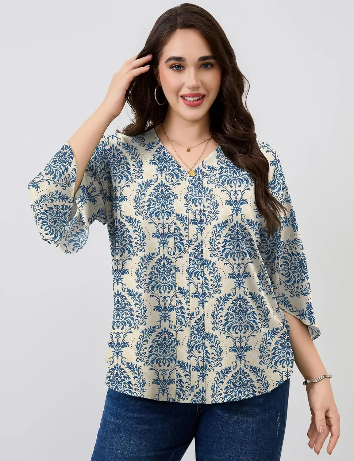 Romanstii Plus Size 3/4 Length Sleeve Womens Tops V-Neck Flowy Blouses Business Casual Summer Shirts 2025