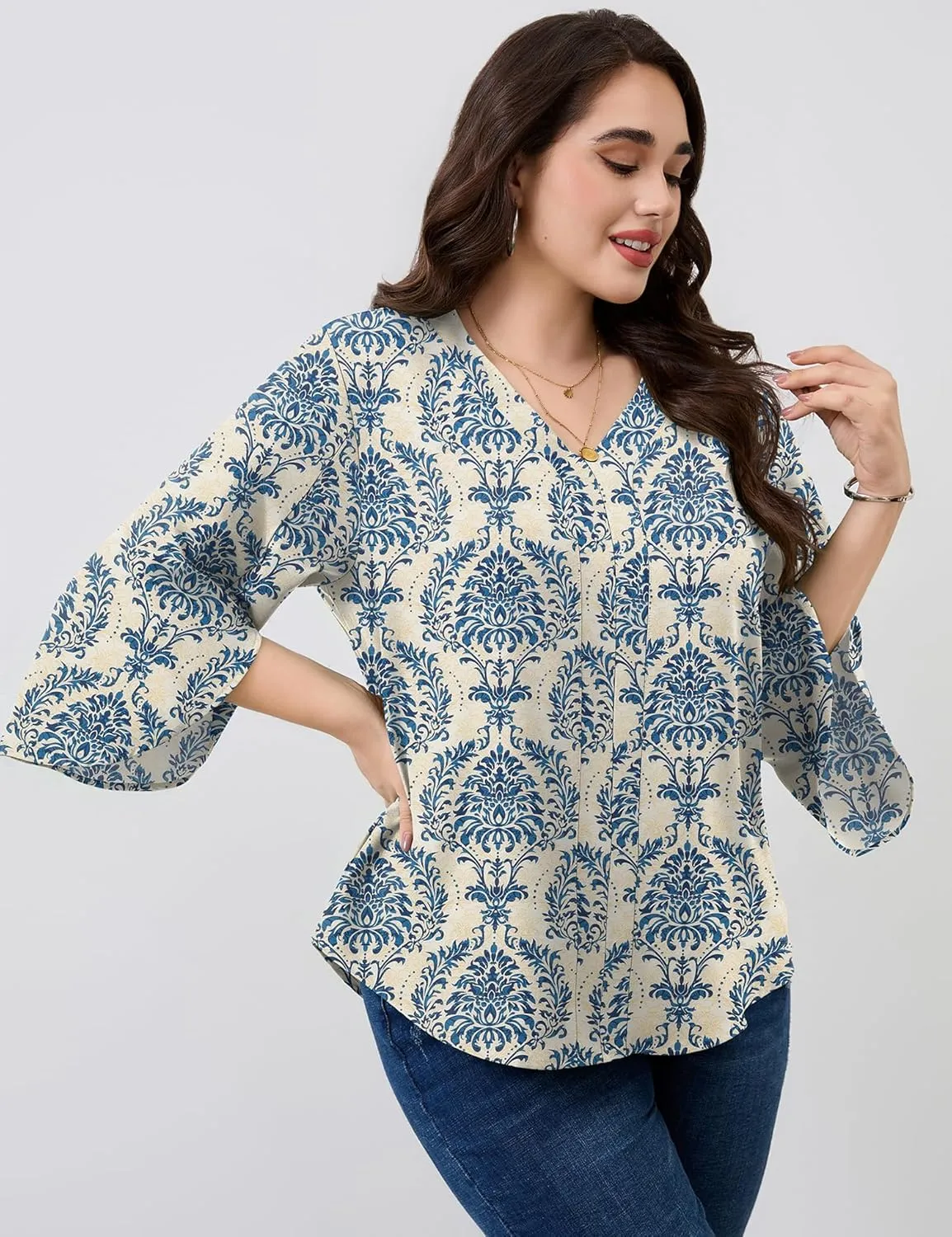 Romanstii Plus Size 3/4 Length Sleeve Womens Tops V-Neck Flowy Blouses Business Casual Summer Shirts 2025