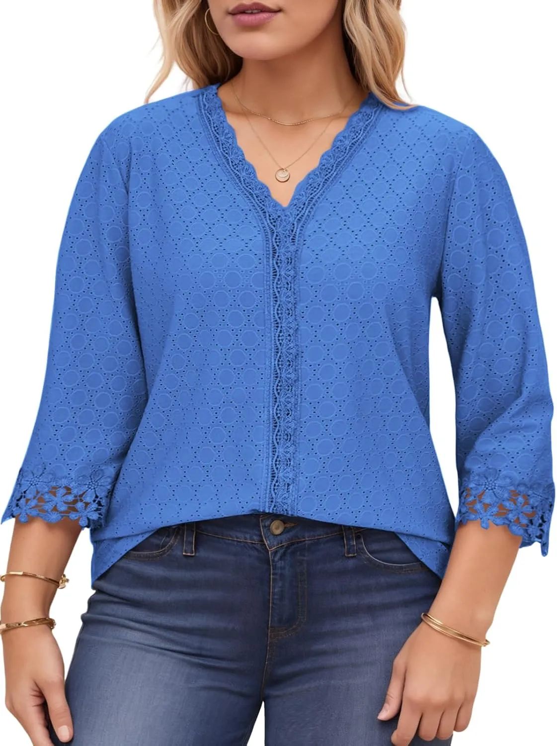 ROSRISS Womens-Tops-Plus-Size Dressy Lace Trim V Neck 3/4 Length Sleeve Shirts Trendy Dot Eyelet Blouses Casual Loose Tunics