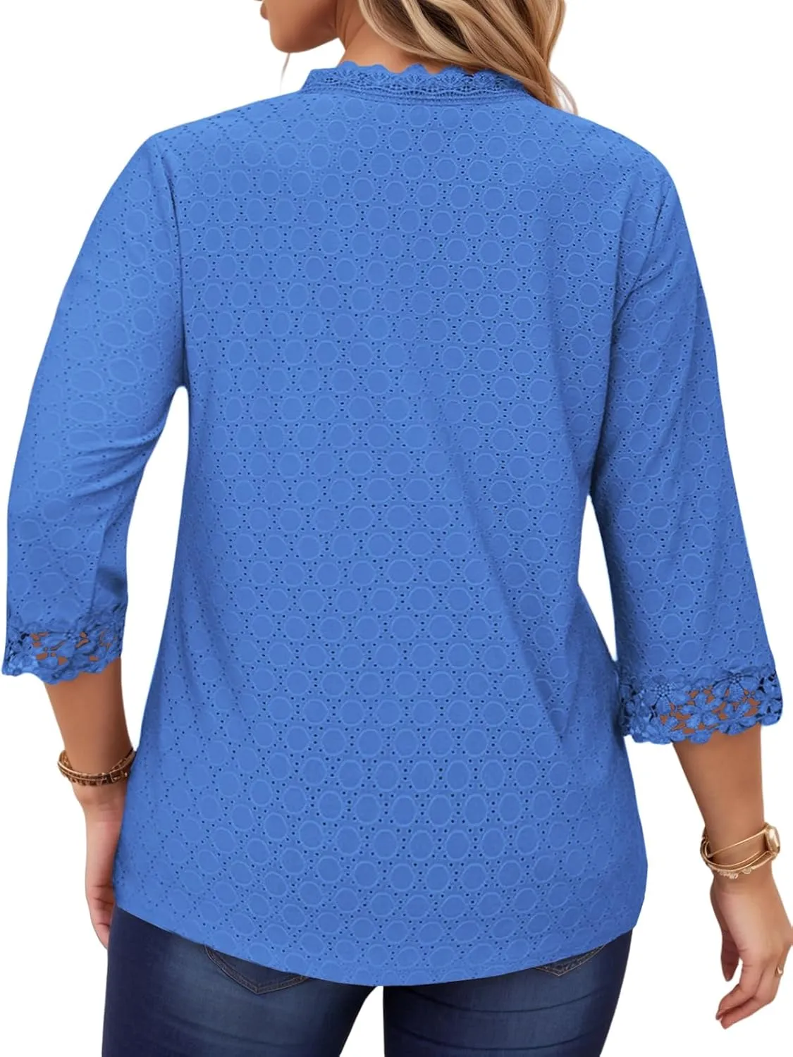 ROSRISS Womens-Tops-Plus-Size Dressy Lace Trim V Neck 3/4 Length Sleeve Shirts Trendy Dot Eyelet Blouses Casual Loose Tunics