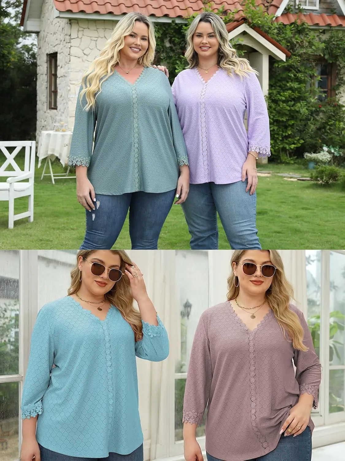 ROSRISS Womens-Tops-Plus-Size Dressy Lace Trim V Neck 3/4 Length Sleeve Shirts Trendy Dot Eyelet Blouses Casual Loose Tunics