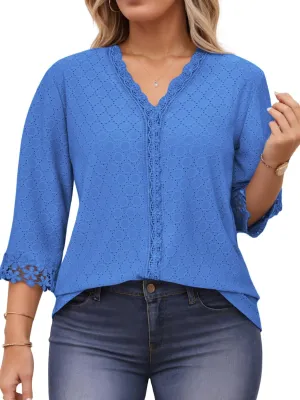 ROSRISS Womens-Tops-Plus-Size Dressy Lace Trim V Neck 3/4 Length Sleeve Shirts Trendy Dot Eyelet Blouses Casual Loose Tunics