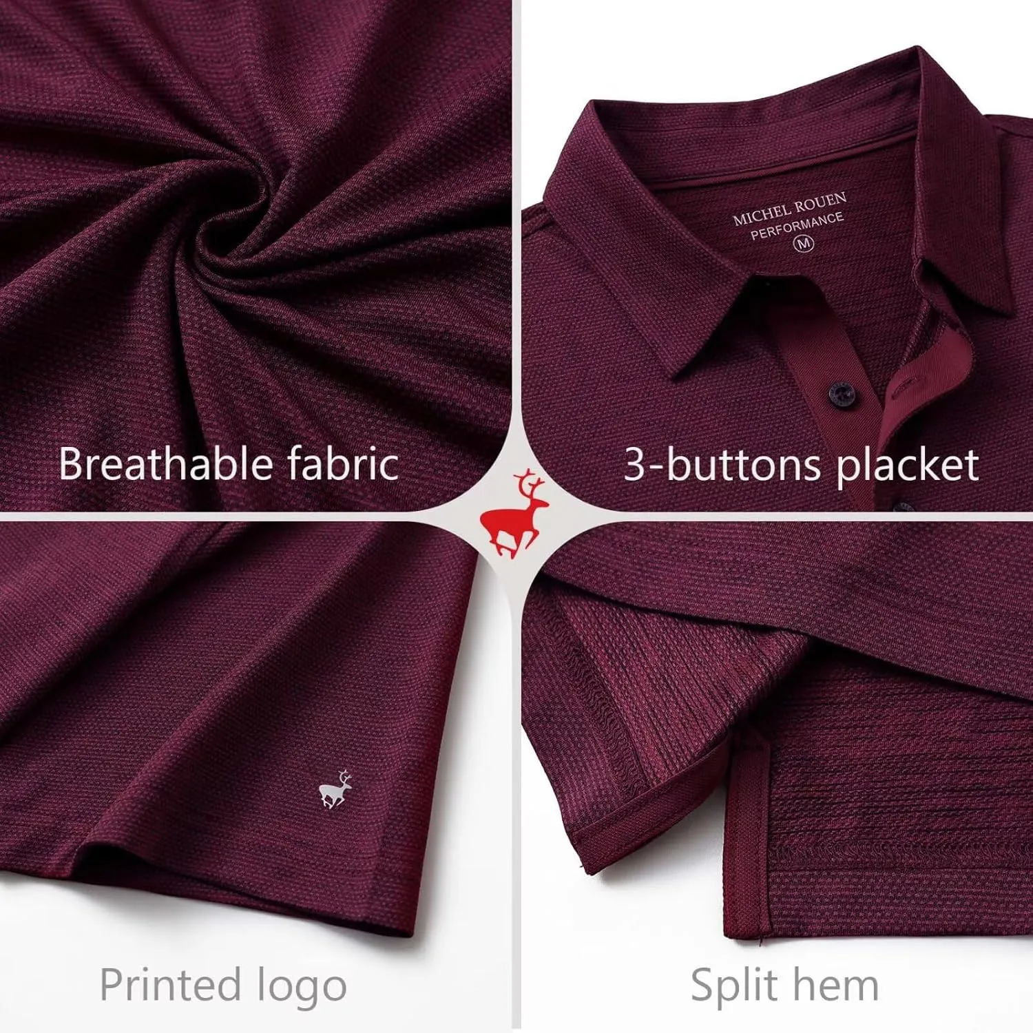 Rouen Mens Golf Shirts Short Sleeve Quick Dry Breathable Active Heather Jacquard Regular Fit Casual Polo Shirts for Men