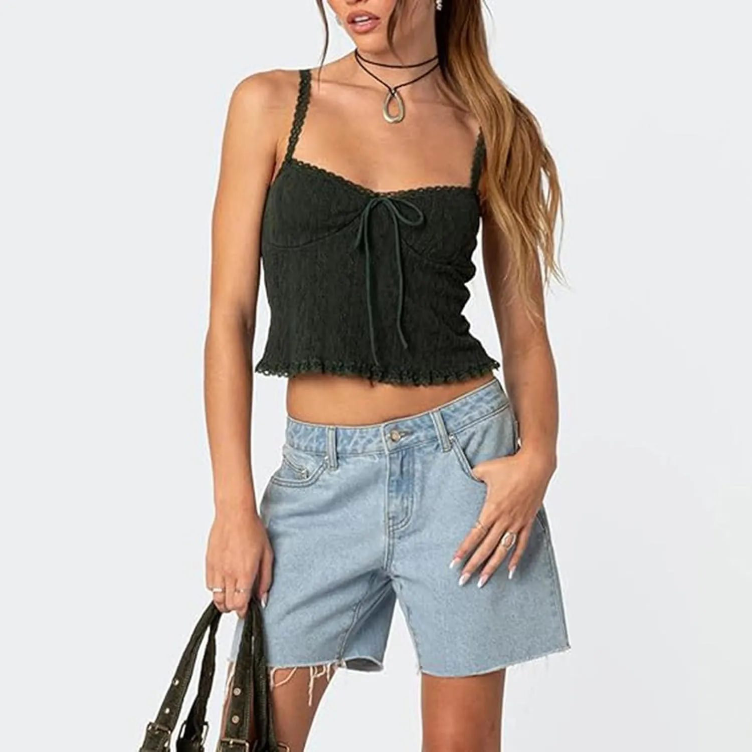 RUEWEY Women Lace Trim Camisole Spaghetti Strap Tank Tops Sleeveless Cami Shirt Summer Going Out Top