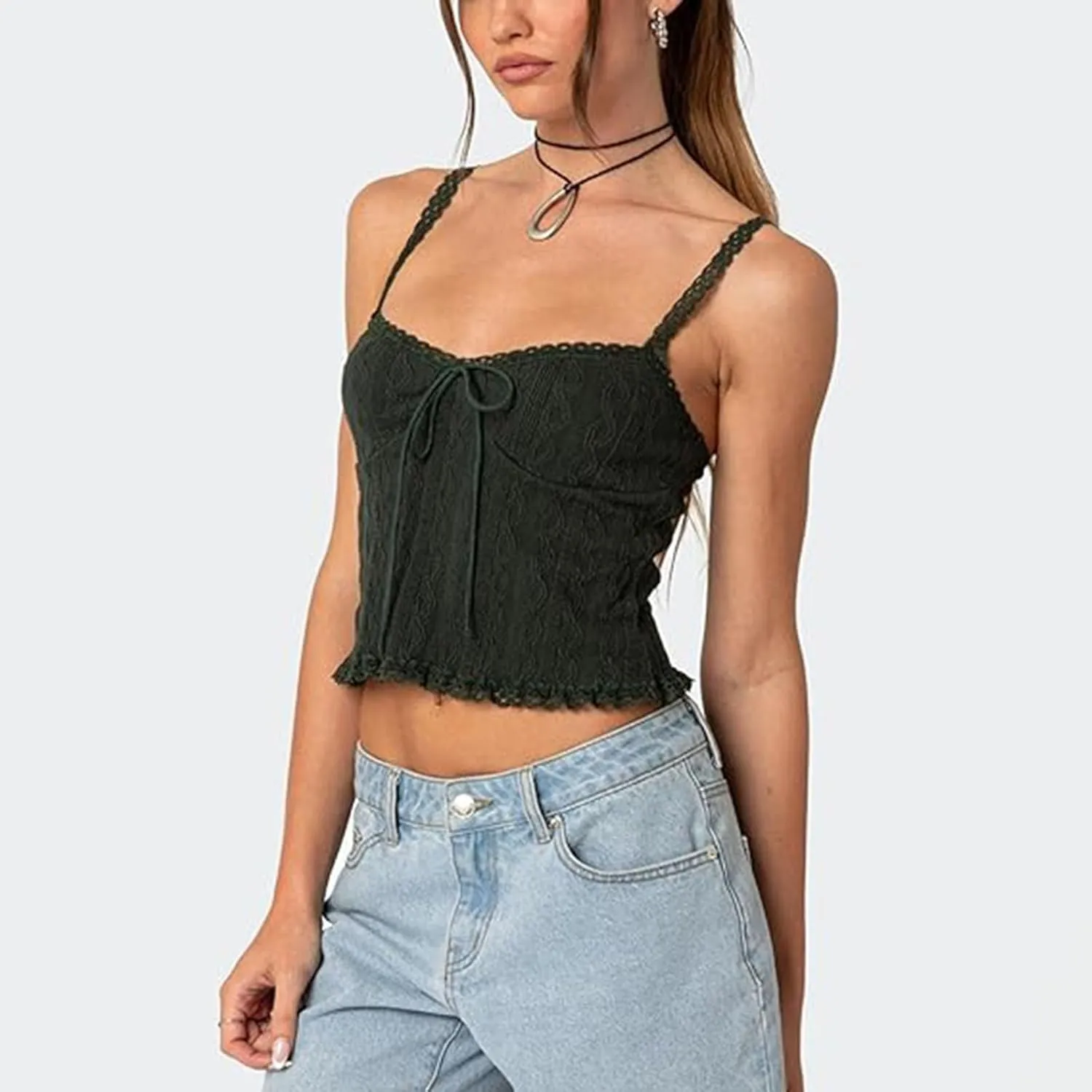 RUEWEY Women Lace Trim Camisole Spaghetti Strap Tank Tops Sleeveless Cami Shirt Summer Going Out Top