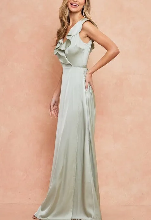 Ruffle Hem Sleeve Wrap Satin Formal Dress