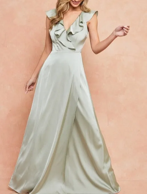 Ruffle Hem Sleeve Wrap Satin Formal Dress