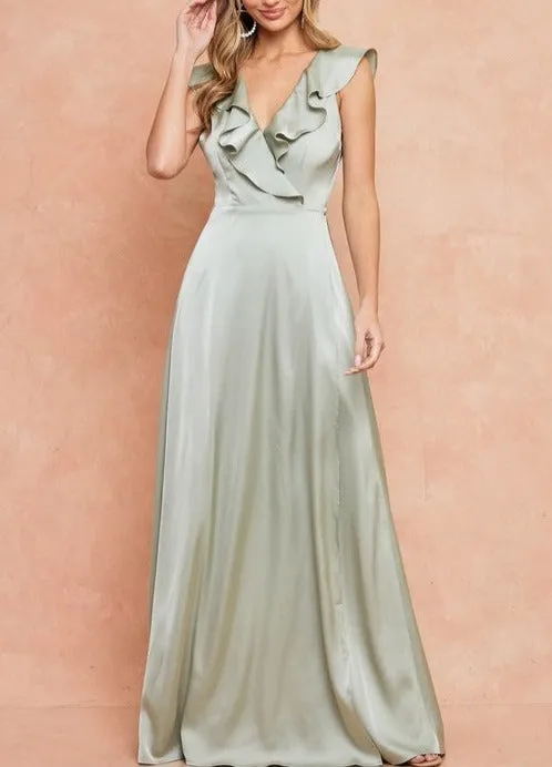 Ruffle Hem Sleeve Wrap Satin Formal Dress