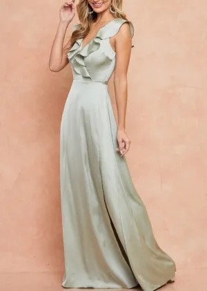 Ruffle Hem Sleeve Wrap Satin Formal Dress