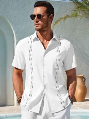 Runcati Mens Short Sleeve Guayabera Shirts Button Down Cuban Casual Mexican Shirts Summer Beach Wedding Linen Tops