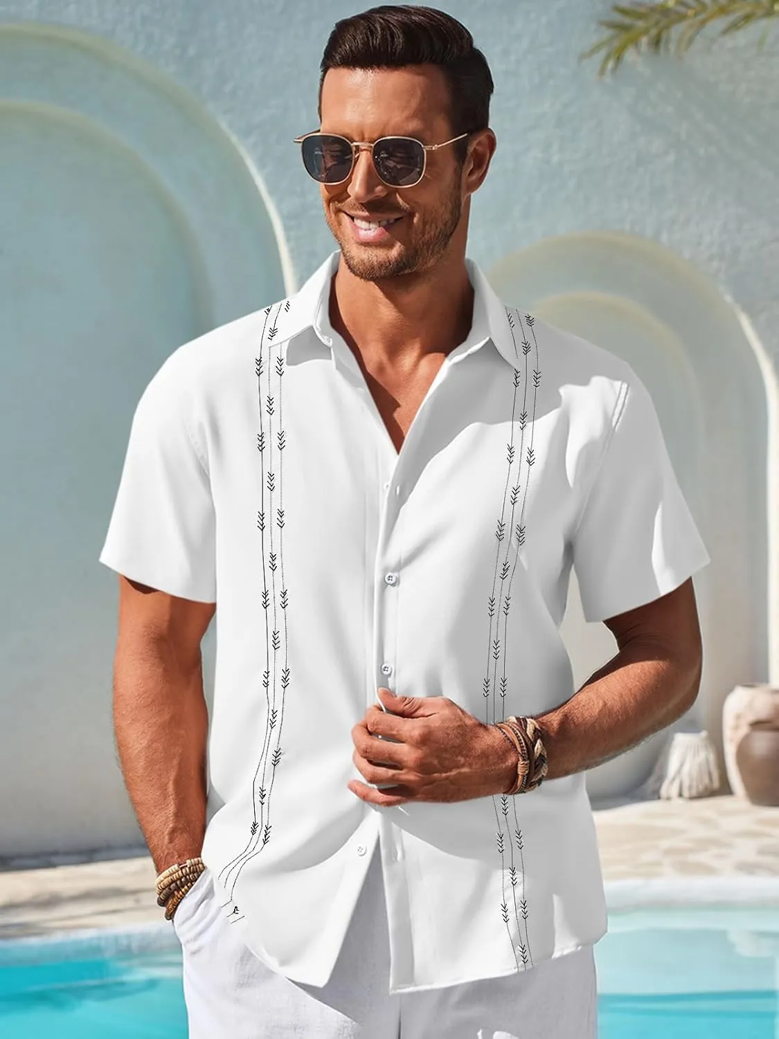 Runcati Mens Short Sleeve Guayabera Shirts Button Down Cuban Casual Mexican Shirts Summer Beach Wedding Linen Tops