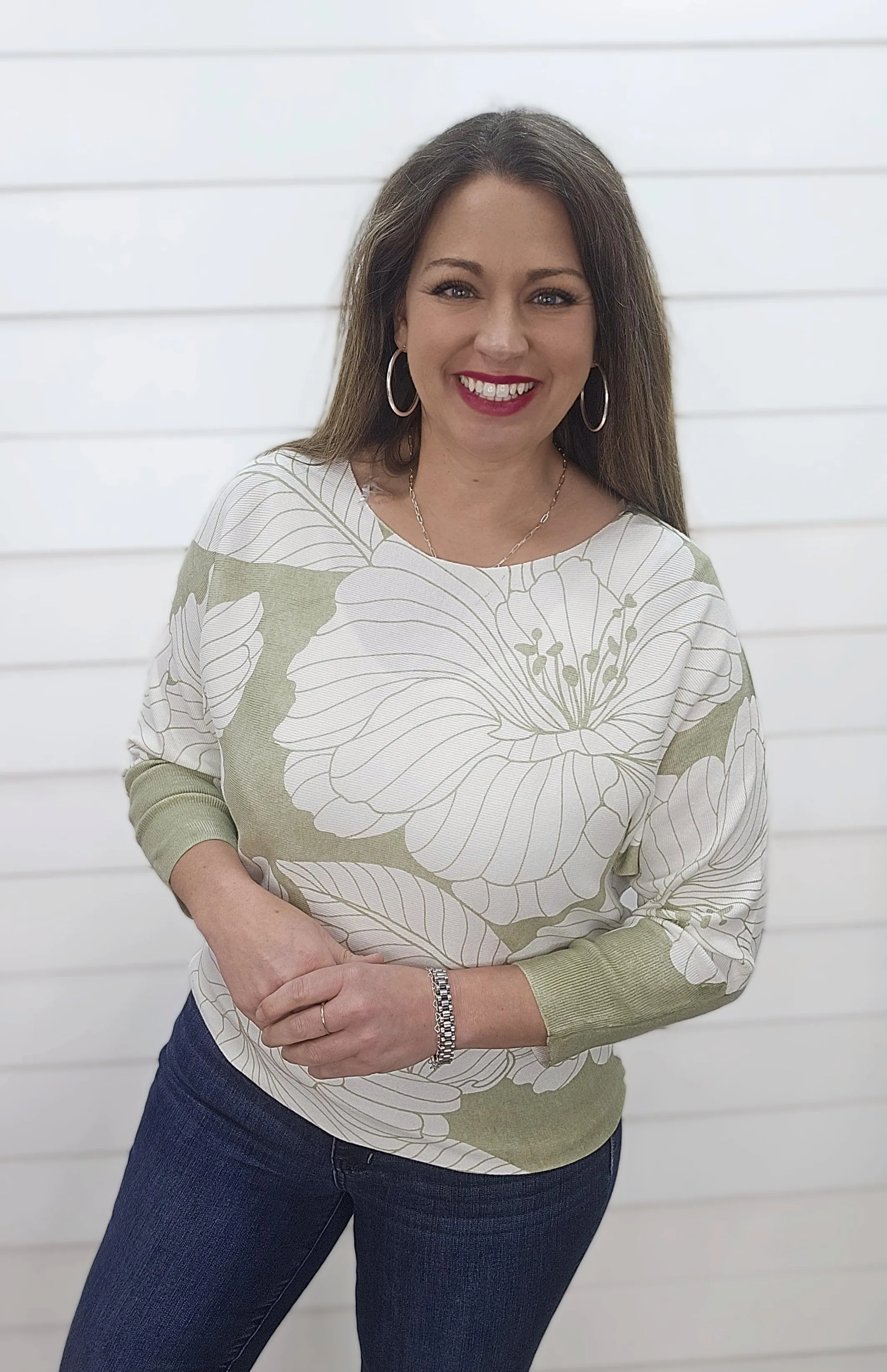 SAGE FLORAL PRINT BOAT NECK DOLMAN SWEATER