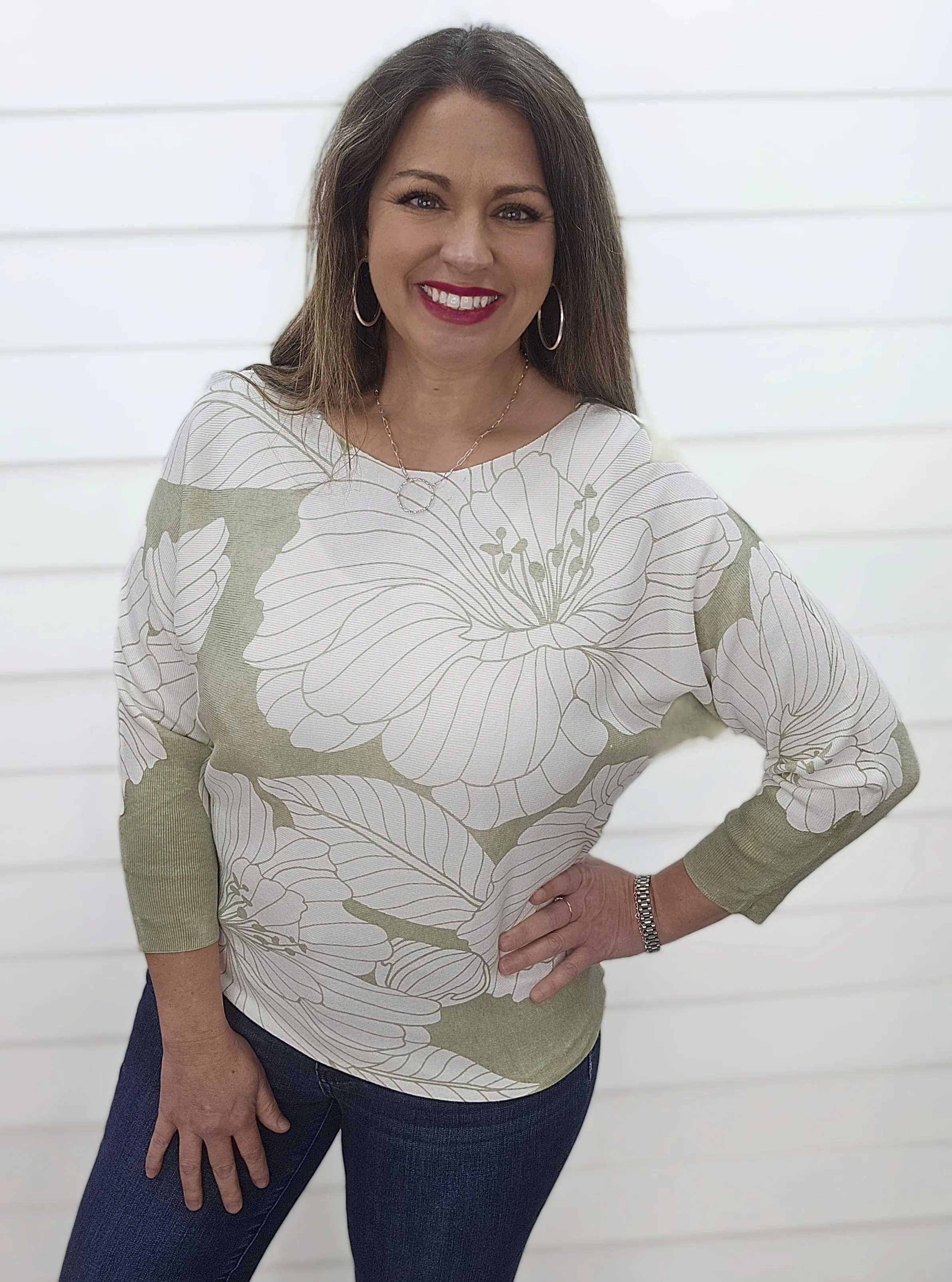 SAGE FLORAL PRINT BOAT NECK DOLMAN SWEATER