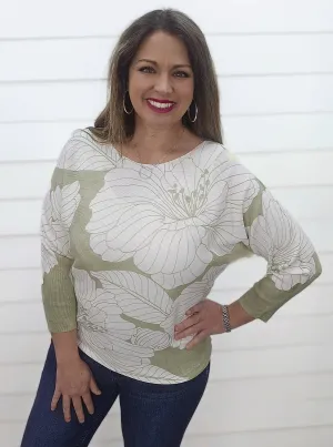 SAGE FLORAL PRINT BOAT NECK DOLMAN SWEATER