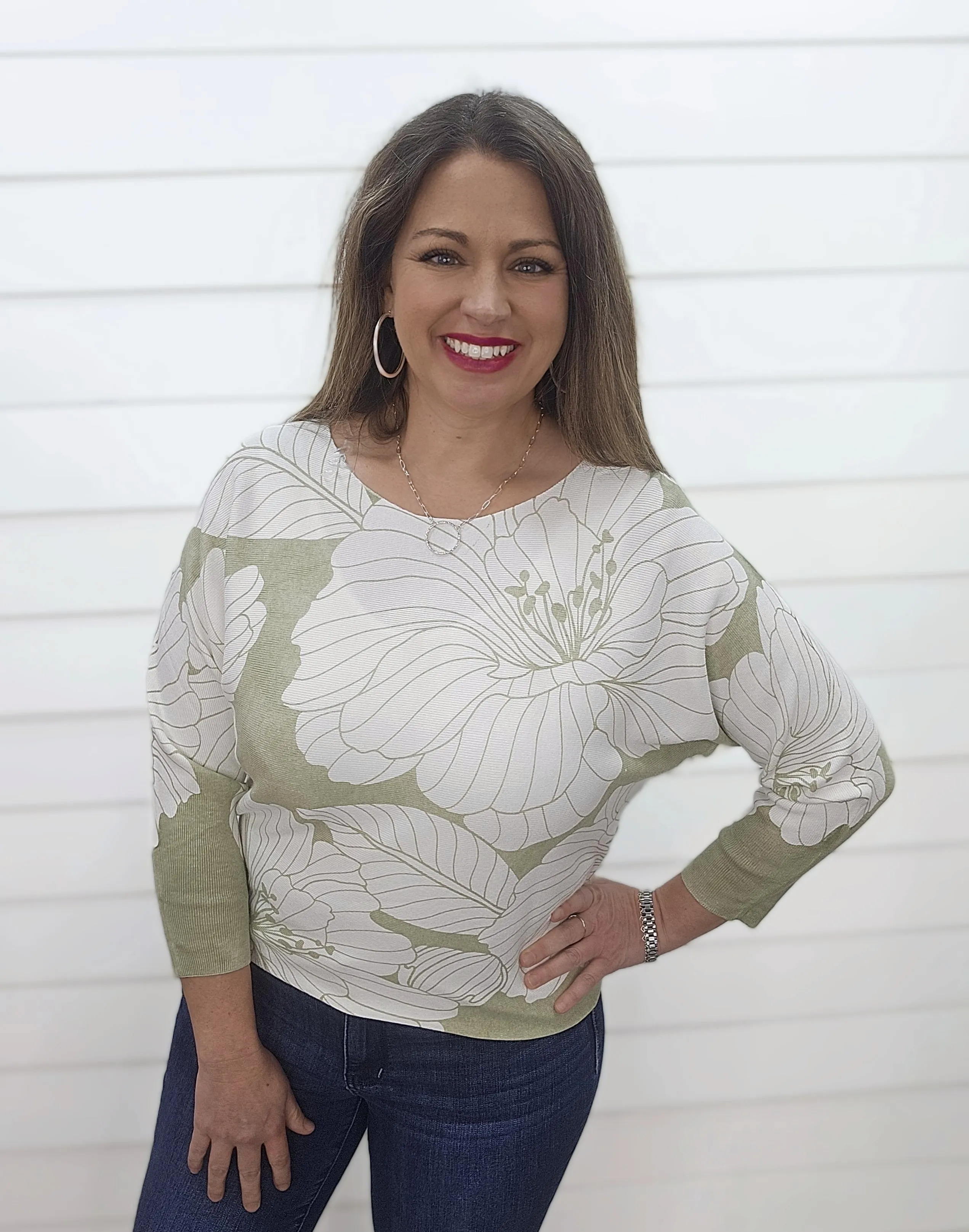 SAGE FLORAL PRINT BOAT NECK DOLMAN SWEATER