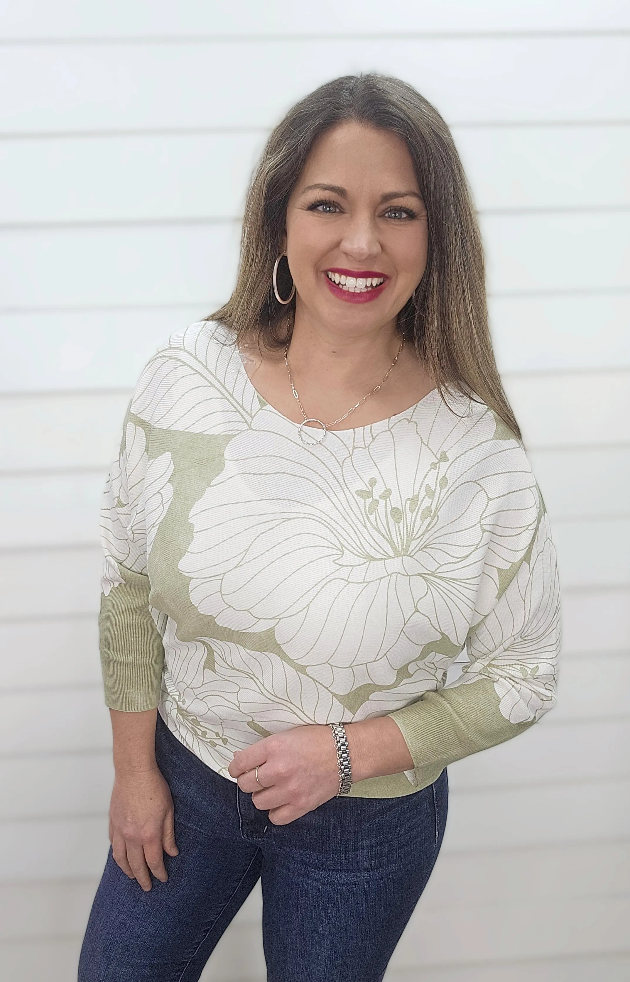 SAGE FLORAL PRINT BOAT NECK DOLMAN SWEATER
