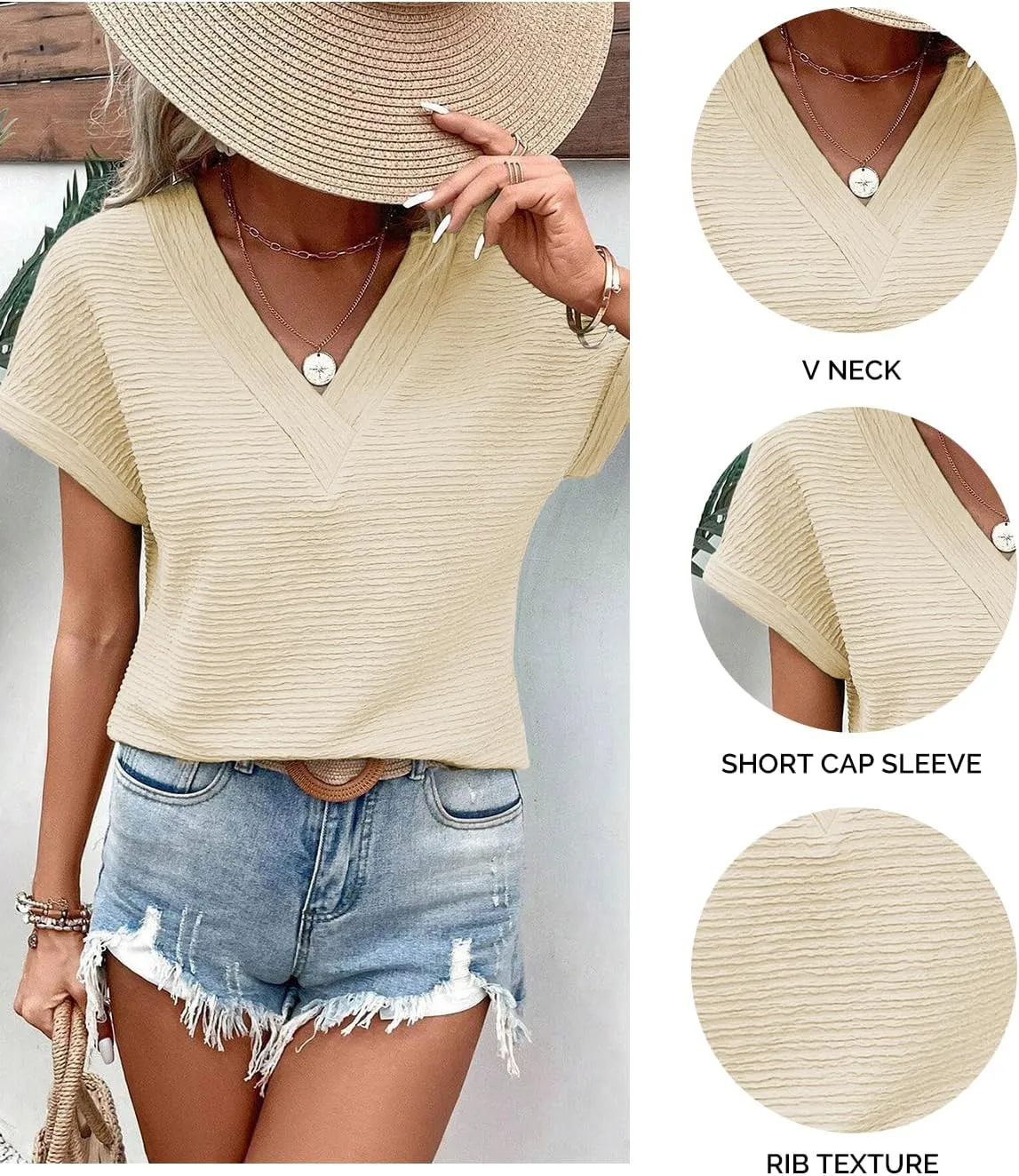 Samefar Womens Tops Dressy Casual V Neck Short Cap Sleeve Shirts Rib Texture Loose Blouses Tee Cute Clothes Trendy