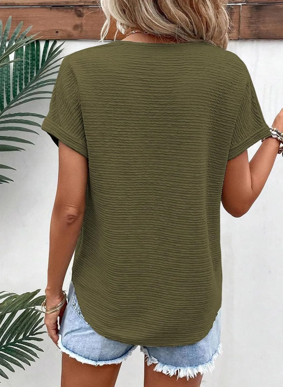 Samefar Womens Tops Dressy Casual V Neck Short Cap Sleeve Shirts Rib Texture Loose Blouses Tee Cute Clothes Trendy